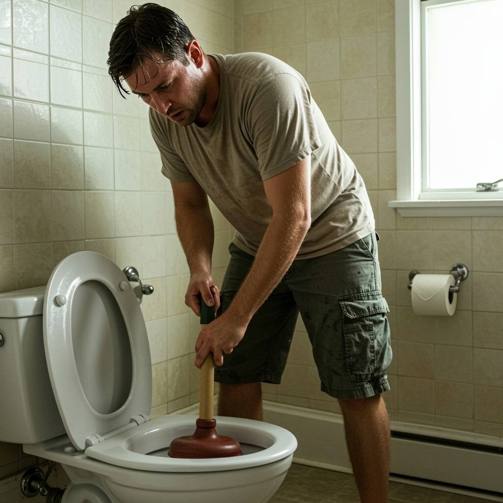 homeowner unclogging a toilet