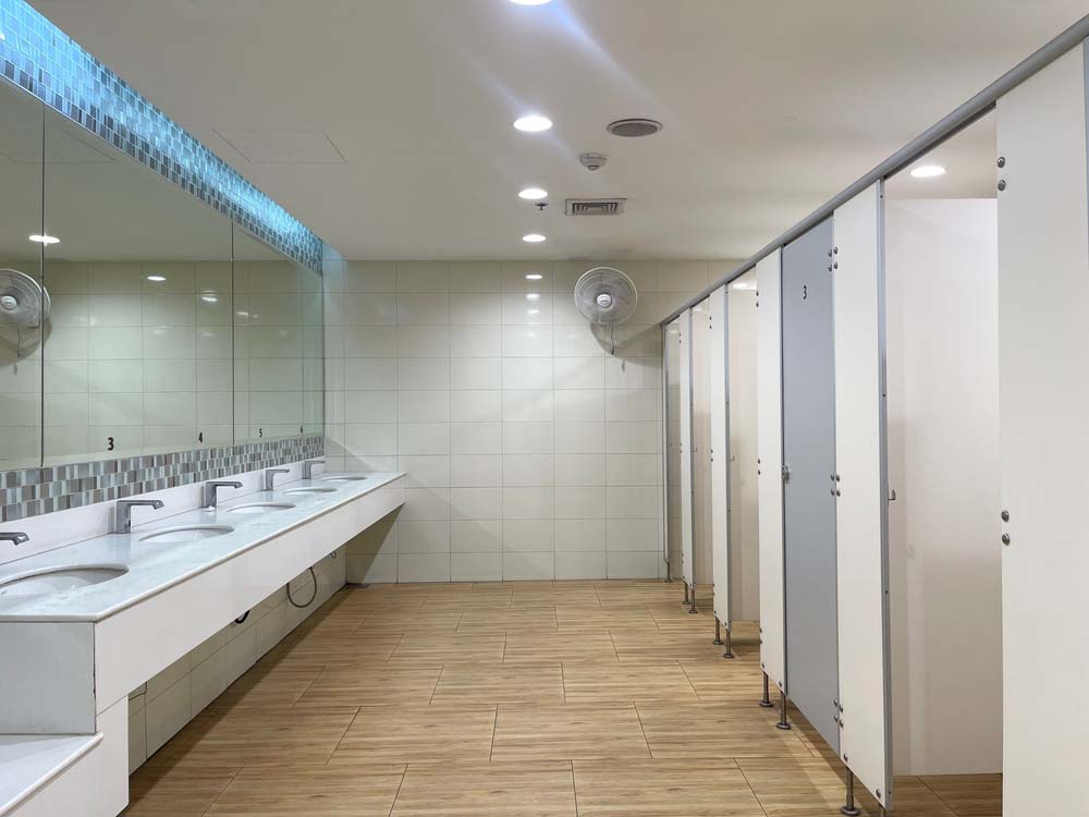 wide shot of a commercial restroom